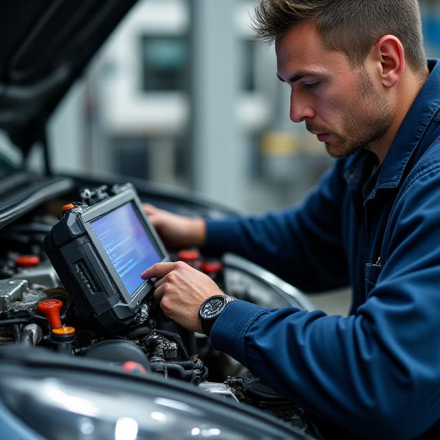 Mechanik provádí diagnostiku motoru